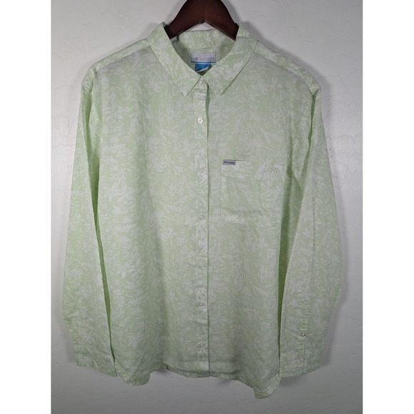 Columbia PFG Shirt Womens Large Green White Tropical Print Button Down Fishing - Picture 1 of 13
